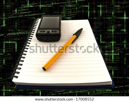Mobile Phone and Biro Ballpoint Pen on Notepad with Programming Code Background