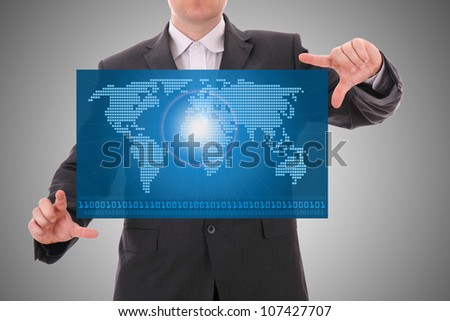 Digital world concept graphic, presentation made by businessman on futuristic user interface