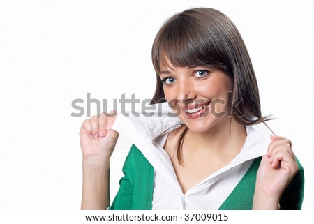 Pretty young office woman in green jacket with collar of shirt on hands