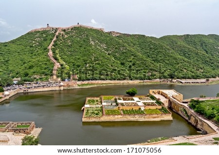 Garden, Maota Lake and Jaipur Wall viewed from Amber Fort