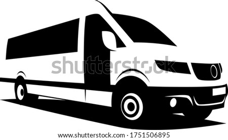 B&W vector illustration of a shuttle bus built from a modern van used to transport passengers from airports to city centers, conference venues