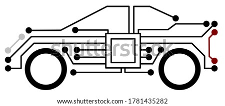 Simple vector illustration of a modern car with digital circuits showing the electronics and artificial intelligence inside which can be used as a logo