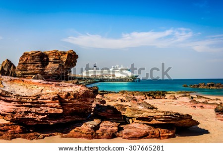 Cruise ship on the ocean, docked in Broome,Western Australia at the end of the jetty