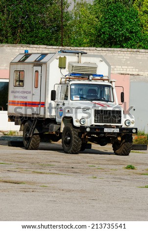 NIZHNY NOVGOROD. RUSSIA. JULY 31, 2014. STRIGINO AIRPORT. Car of service of Aerospace search and rescue. Ministry of Emergency Situations.