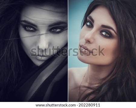 Beauty collage. Faces of women. Fashion photo. Closeup Portrait of beautiful young woman. Outdoors.  Smoky eyes. Fashion colors. Cold sea