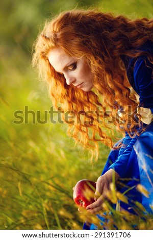 from Brave film. Beautiful red-haired girl in the costume of the heroine of the animated film
