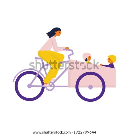 Woman rides cargo bike with her children who sits in a separated child sit bakfiets. Flat vector illustration