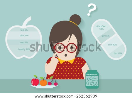 Woman making decision to eat between fruit and diet medicine vector cartoon.