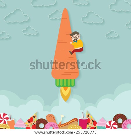 Man on carrot rocket take off from junk food.