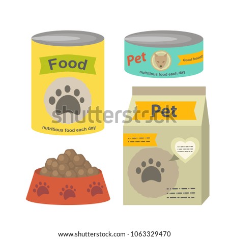 Pet food set vector flat illustration isolated on a white background. Can of canned food, a packet of food, a dish with food for animals dogs and cats and ather pets