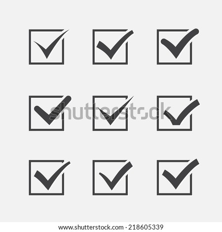 Set of nine different grey vector ticks or check marks in square confirmation acceptance positive passed voting agreement true or completion of tasks on a list