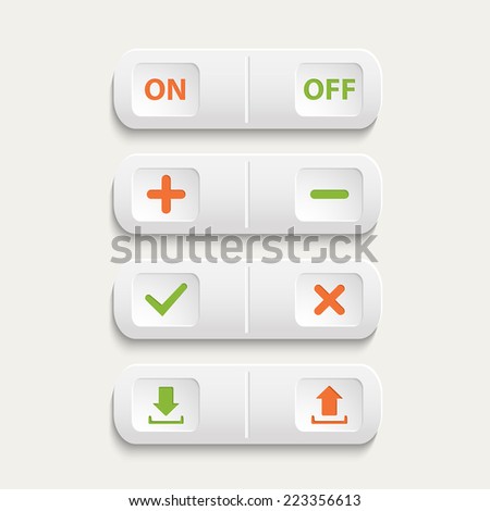 Vector  realistic white web buttons :on and off,plus and minus, add and cancel, download and send the arrow marks,Yes, No checkmark isolated on a white background