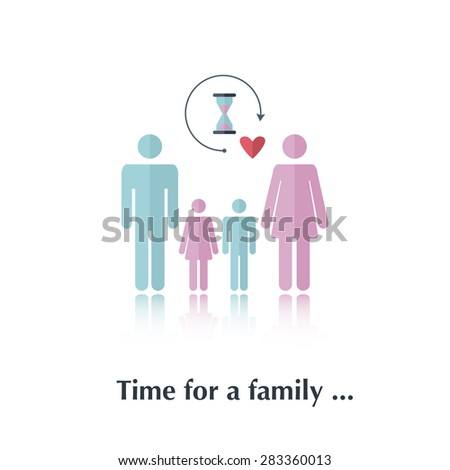 Vector people icon,pictogram.?oncept of time family,male,female,speech bubble,children,red,clock over white and text Time for a family in flat style