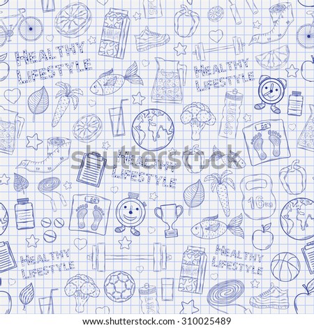 Healthy lifestyle  pattern with various  thematic elements on a the notebook sheet background