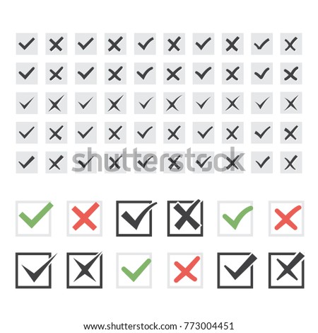 Set of twenty-five different black vector ticks or check marks  and reject icon set in gray square confirmation acceptance positive passed voting agreement true or completion of tasks on a list 