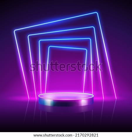 Empty Cylinder Podium with Abstract Square Neon Farme Background. Vector clip art for your sale project design in retro style.