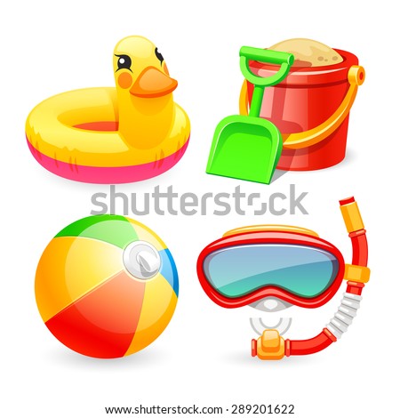 Colorful Beach Toys Icons Set for Your Sea and Child Projects. Isolated on white background.