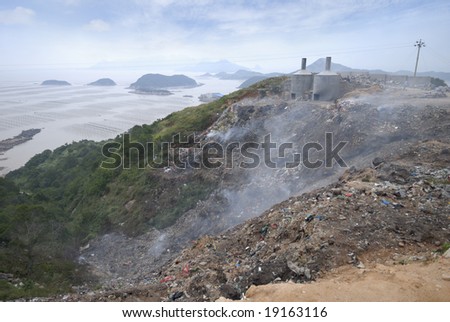 garbage destructors on the hill near the bay in south east china