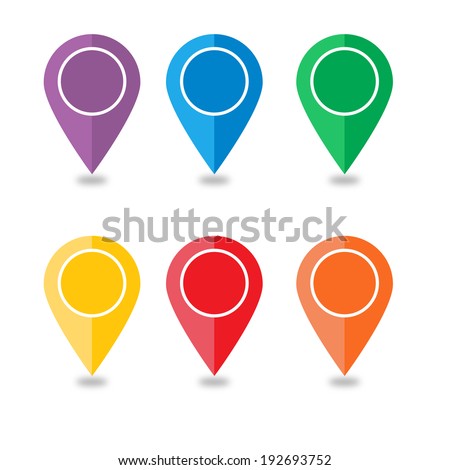 Vector: Colorful Pin Pointers or for Map, Red orange yellow green blue purple pins ready to use