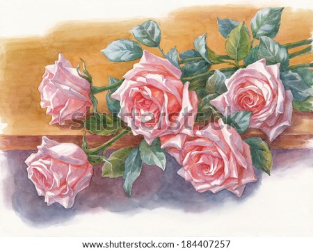 Watercolor painting of flowers, five roses on the table.