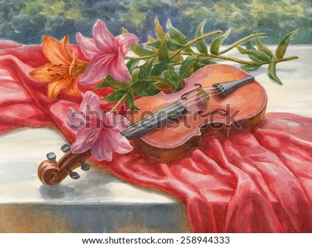 Watercolor painting, still life, the violin and lilies .
