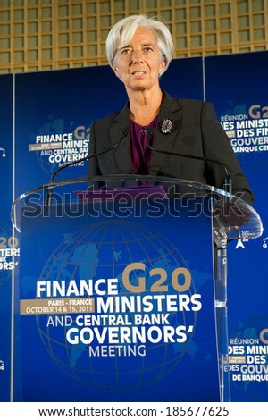 PARIS, FRANCE - OCTOBER 15, 2011 : Christine Lagarde in french Ministry of economy during the G20 Finances in Paris.
