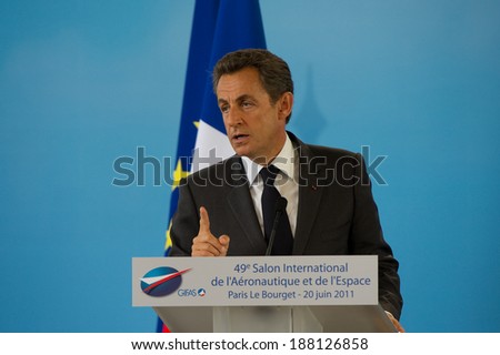 LE BOURGET, FRANCE - JUNE 20, 2011 : Nicolas Sarkozy as French President during press conference for Paris air Show 2011