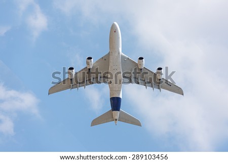 LE BOURGET, FRANCE - JUNE 16, 2015 : The double-deck A380, the world\'s largest commercial aircraft flying today operating on most of the world\'s longest commercial routes at the Paris Air Show.