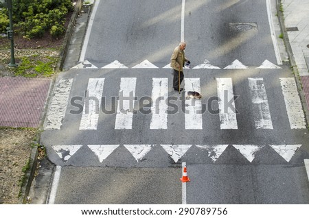 PONTEVEDRA, SPAIN - OCTOBER 19, 2014: An old man with a dog, through a crosswalk at a street of the city.