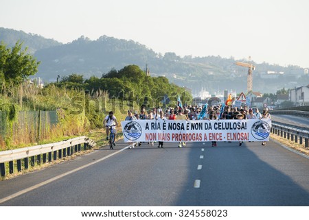 PONTEVEDRA, SPAIN - JUNE 20, 2015: Detail of environmental protest, against the permanence of a pulp industry in the Ria de Pontevedra.
