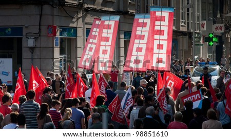 SPAIN - MARCH 29: General strike in Spain, Labor unions in protest demonstration march to the Labor Reform approved by the Government of Spain on March 29, 2012 in  Spain.