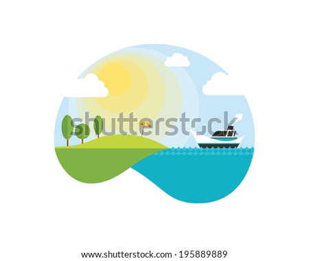 Summer landscape with ship and ocean. Travel icon.