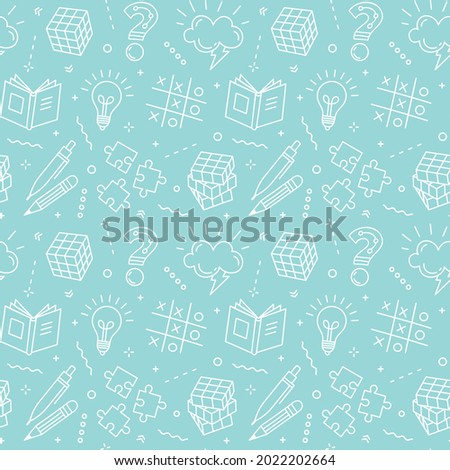 Seamless colorful vector  pattern with puzzle, competition in answering quiz and intellectual game elements. Intelligence or intellect contest backdrop, brainstorm