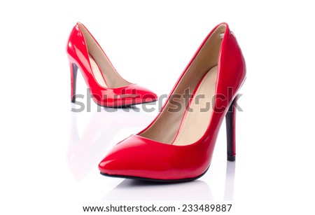 Red shoes with high heels, isolated on white