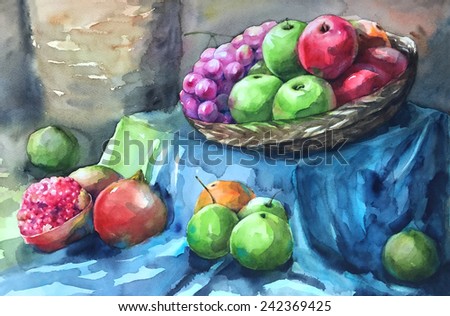 Still life Watercolor Painting with apples, grapes and pomegranate  
