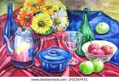 Still life Watercolor Painting with pot ,bottle and wine glass 