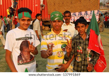 SIALKOT, PAKISTAN - MAY 06: Cricketer turned politician Imran Khan election campaign rally at Jinnah Cricket Stadium on May 06, 2013 in Sialkot, Pakistan