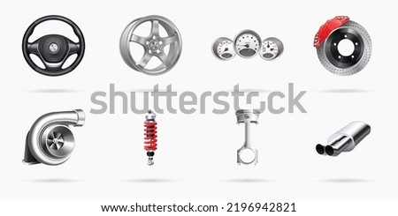Vector illustration, car parts icons set, realistic 3d Imagine de stoc © 