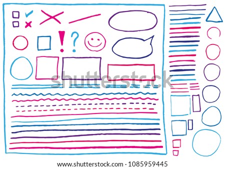 
Big set of real lines and shapes drawn blue and pink crayons. Isolated on white background. Use for highlighting and underline of texts and elements in letter, presentation, form etc. Vector eps 10.