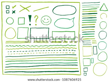 Big set of real lines and shapes drawn green crayons. Isolated on white background. Use for highlighting and underline of texts and elements in letter, presentation, form etc. Vector eps 10.