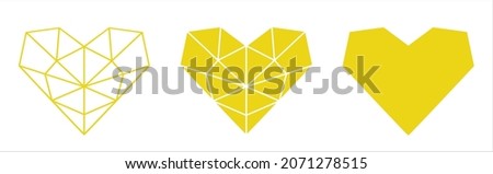 Modern geometric heart - set of three hearts. Heart divided into regular shapes. Heart in lines. Heart shape. Isolated on white background. Vector.