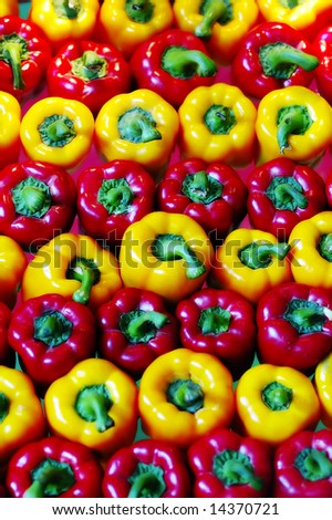 Fresh red and yellow bell pepper lay out in order