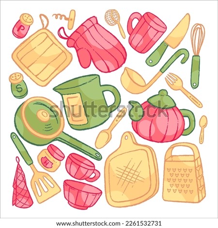 Cute kitchen stuff background. Bright and fun objects with unique sketchy line art. Can be used both together and separately. Isolated and resizable.