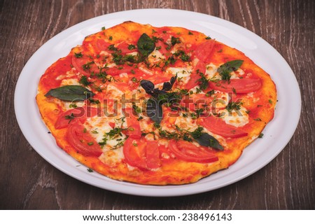hand made pizza margarita on white plate