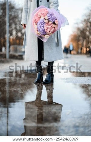 Image, Stock Photo A bouquet of pink tulips in a light turquoise vase