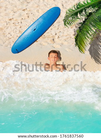 Similar – Image, Stock Photo Boy under surfboard Joy