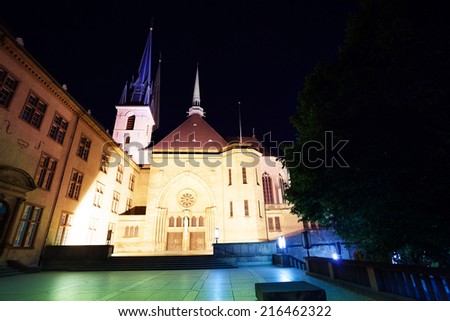 Notre-Dame Cathedral from inner yard in Luxembourg at night