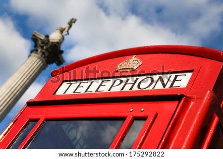Nelsons column and Red telephone box, Trafalgar Square, Westminster, London