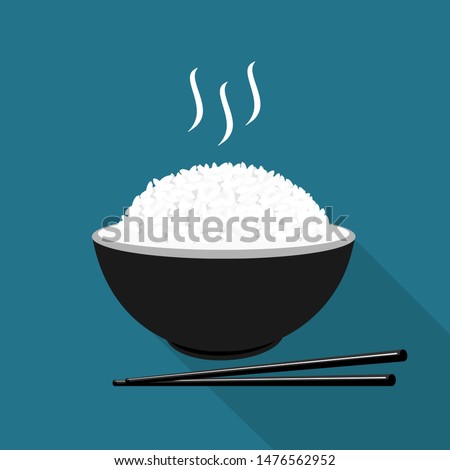 Rice in a bowl with chopstick isolated on blue background vector illustration. beautiful cartoon food for restaurant.