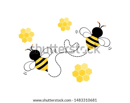 Flying Bee with honeycomb isolated on white background vector illustration. Cute cartoon character.